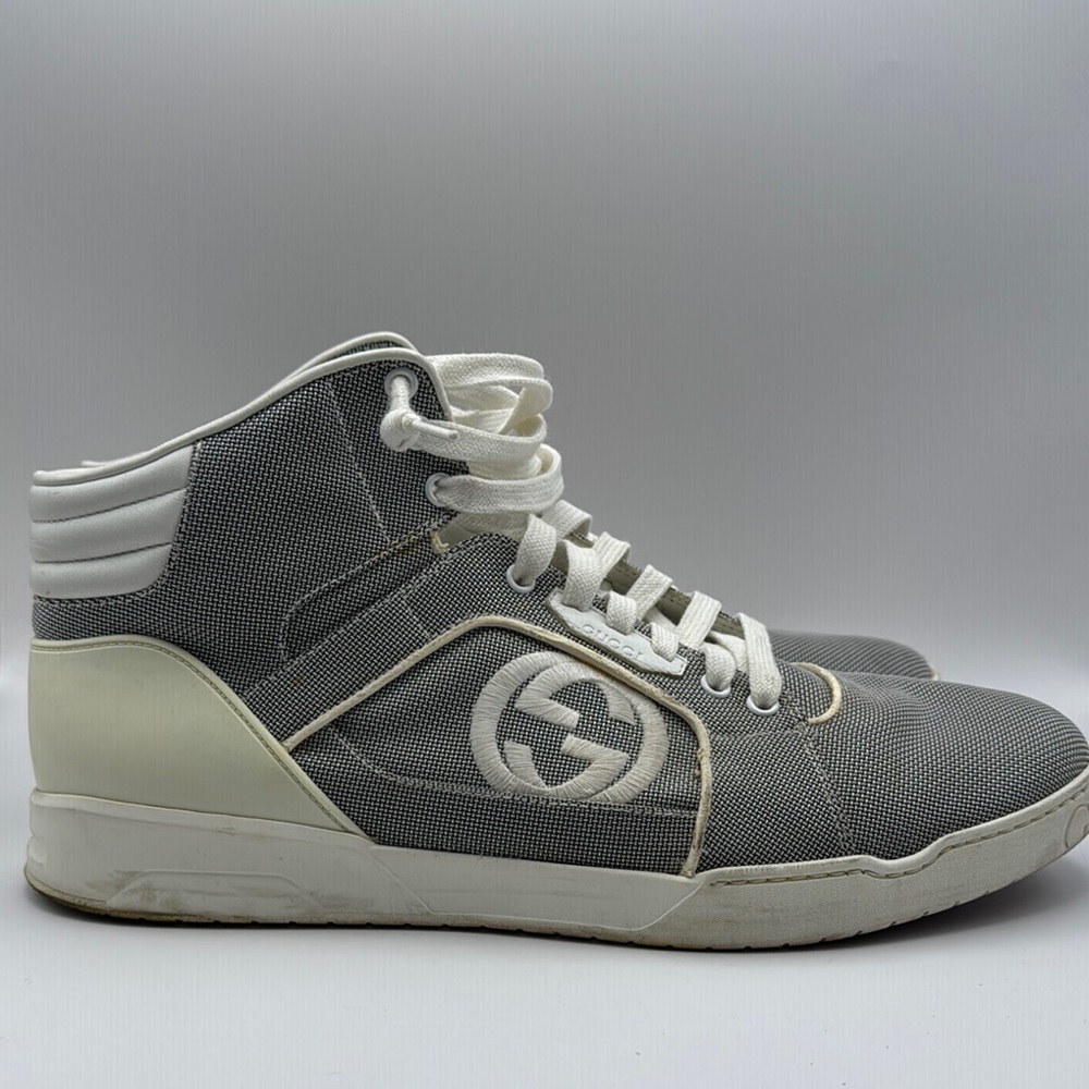 Gucci‎ High Top Sneakers Grey Canvas Interlocking G Logo Mens 12 309517